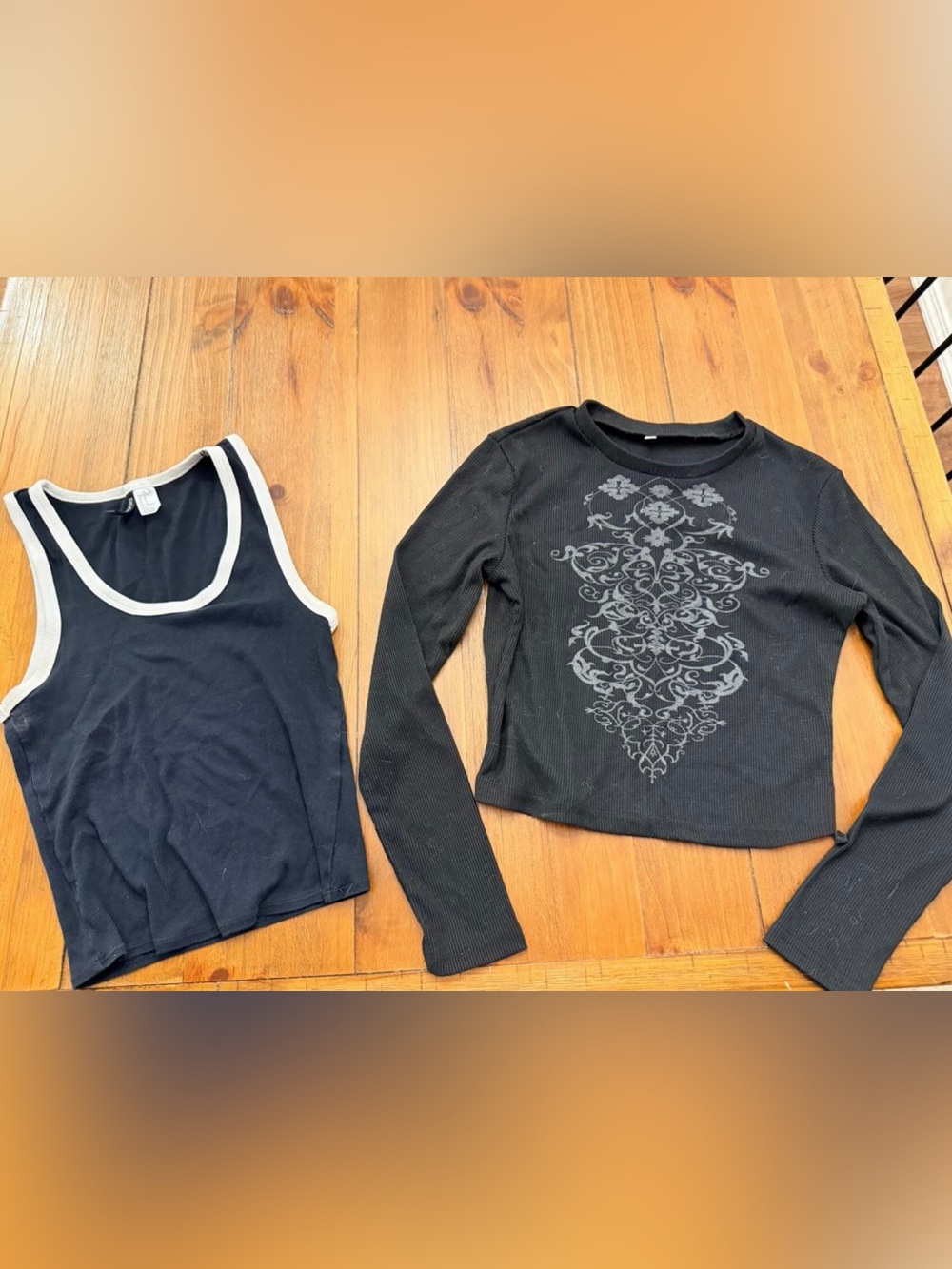 Black Graphic Long-Sleeve Top and Black Tank Top Set